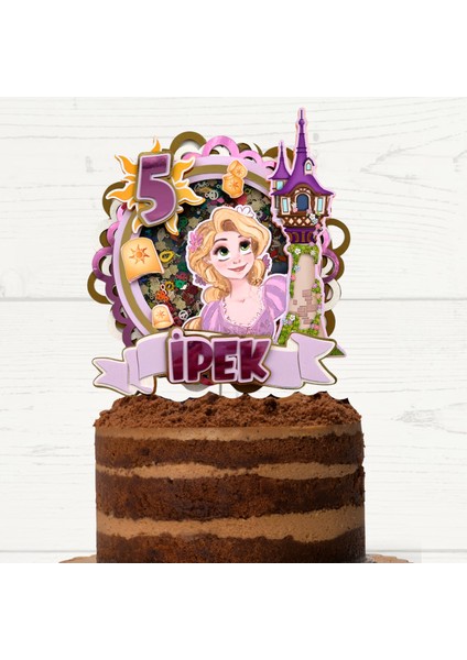 Rapunzel Temalı Kız Çocuk Doğum Günü Isme Özel 3d Pasta Parti Süsü Cake Topper (23X21 CM)