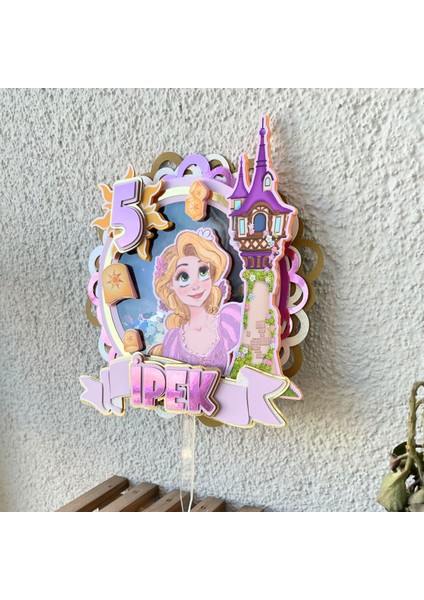 Rapunzel Temalı Kız Çocuk Doğum Günü Isme Özel 3d Pasta Parti Süsü Cake Topper (23X21 CM) modelleri