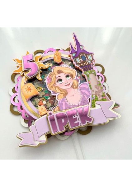 Rapunzel Temalı Kız Çocuk Doğum Günü Isme Özel 3d Pasta Parti Süsü Cake Topper (23X21 CM) fırsatları