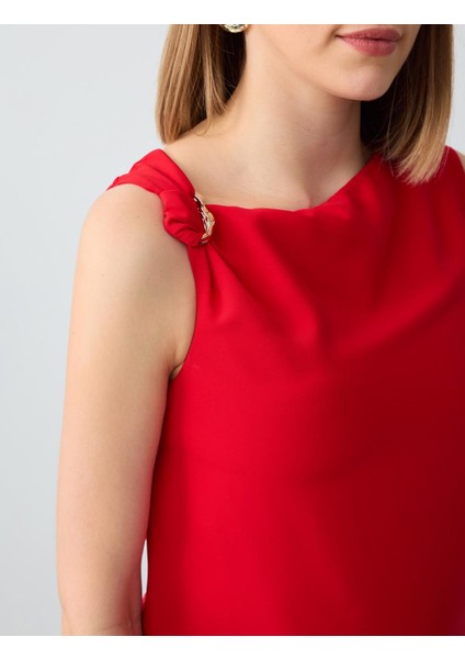 Kırmızı Düz Kesim Kayık Yaka Kolsuz Dokuma Bluz indirimleri