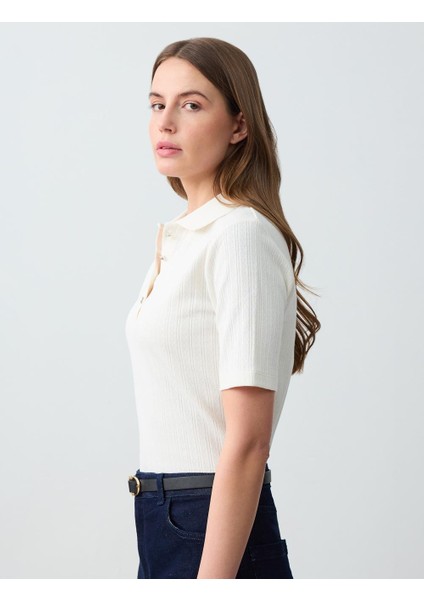 Ekru Polo Yaka Kısa Kollu Pamuklu Örme Bluz