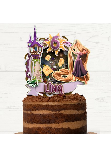 Rapunzel Temalı Kız Çocuk Doğum Günü Isme Kişiye Özel 3d Pasta Parti Süsü Cake Topper (23X21 CM)