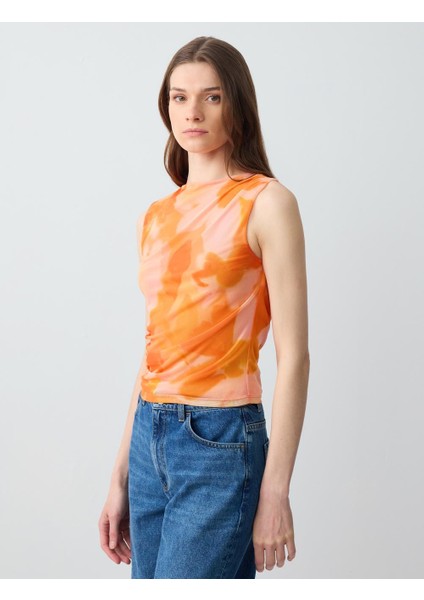 Turuncu Kayık Yaka Çiçek Desenli Kolsuz Mesh Örme Bluz modelleri