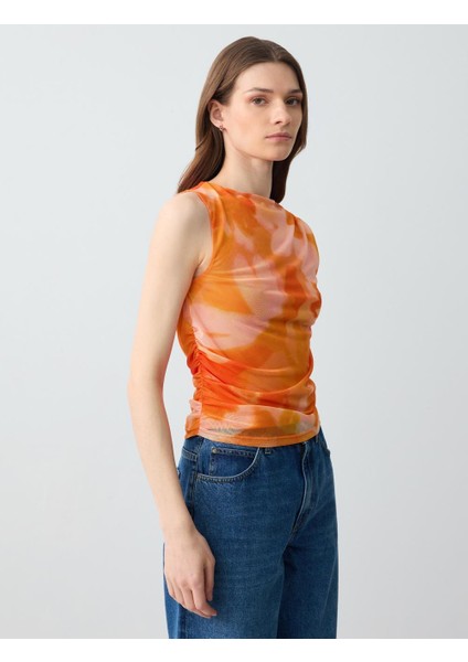 Turuncu Kayık Yaka Çiçek Desenli Kolsuz Mesh Örme Bluz fırsatları