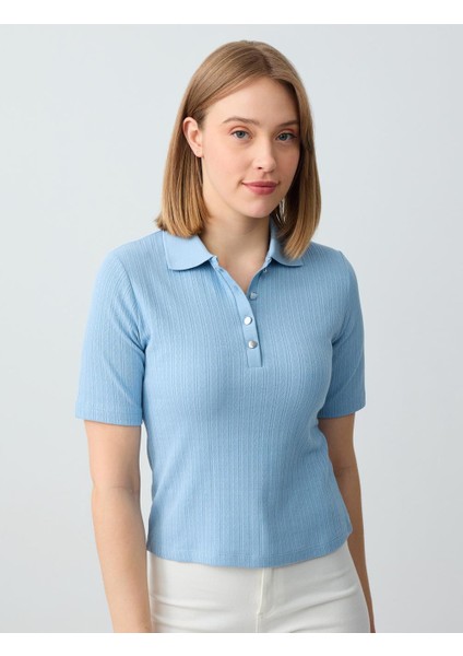 Mavi Polo Yaka Kısa Kollu Pamuklu Örme Bluz