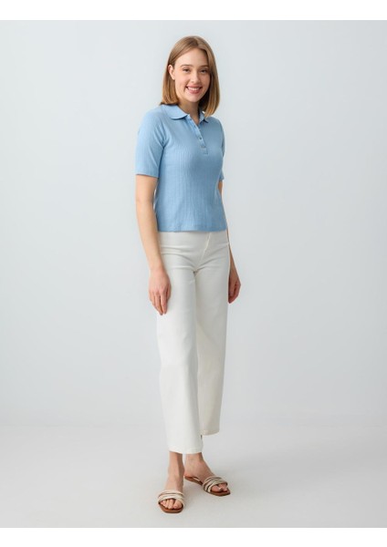 Mavi Polo Yaka Kısa Kollu Pamuklu Örme Bluz fiyatları
