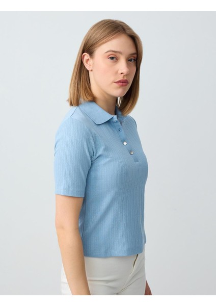 Mavi Polo Yaka Kısa Kollu Pamuklu Örme Bluz modelleri