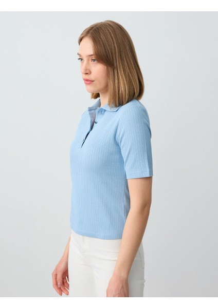 Mavi Polo Yaka Kısa Kollu Pamuklu Örme Bluz fırsatları