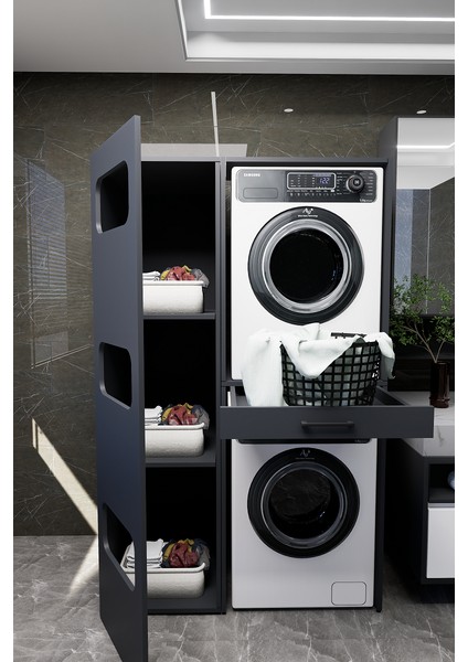 Washbox Banyo Kirli Sepetli Çamaşır Makinası Dolabı ve Kurutma Makinası Dolabı Antrasit fiyatları