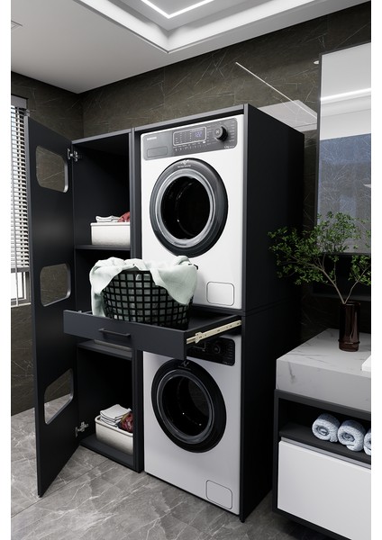 Washbox Banyo Kirli Sepetli Çamaşır Makinası Dolabı ve Kurutma Makinası Dolabı Antrasit fırsatları