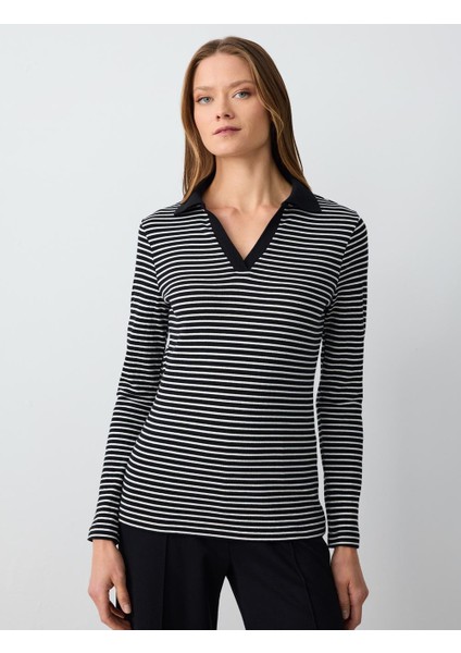 Siyah Polo Yaka Uzun Kollu Çizgili Örme Bluz