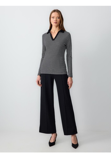 Siyah Polo Yaka Uzun Kollu Çizgili Örme Bluz fiyatları