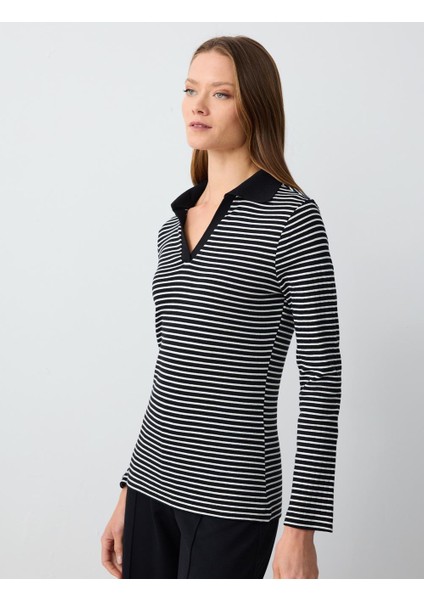 Siyah Polo Yaka Uzun Kollu Çizgili Örme Bluz modelleri