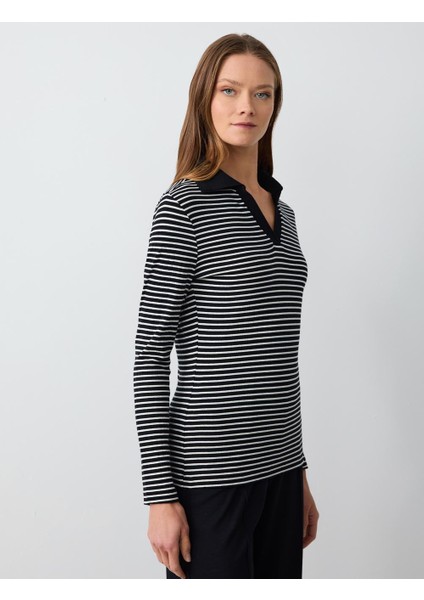Siyah Polo Yaka Uzun Kollu Çizgili Örme Bluz fırsatları