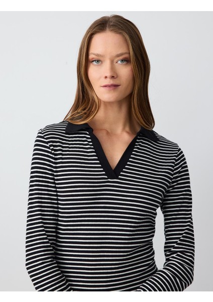 Siyah Polo Yaka Uzun Kollu Çizgili Örme Bluz indirimleri