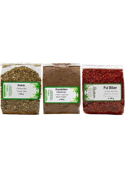 Çeşni Üçlüsü (Kekik 60g - Öğütülmüş Karabiber 100g - İri Diş Pul Biber 100g)