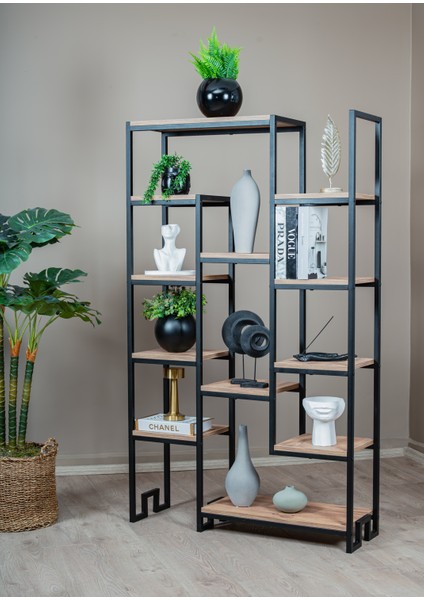 Çam Rengi 12 Ahşap Raflı Kitaplık Çok Amaçlı Dekoratif Stand Salon ve Çalışma Odası Raflı Ünite