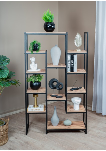 Çam Rengi 12 Ahşap Raflı Kitaplık Çok Amaçlı Dekoratif Stand Salon ve Çalışma Odası Raflı Ünite