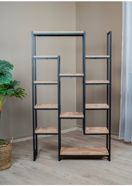 Çam Rengi 12 Ahşap Raflı Kitaplık Çok Amaçlı Dekoratif Stand Salon ve Çalışma Odası Raflı Ünite