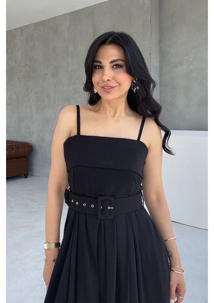 Siyah Geniş Pileli Kemerli Elbise fiyatları