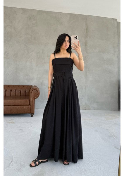 Siyah Geniş Pileli Kemerli Elbise modelleri