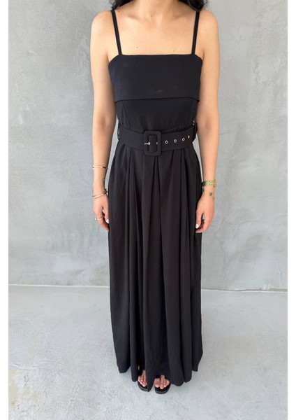 Siyah Geniş Pileli Kemerli Elbise fırsatları