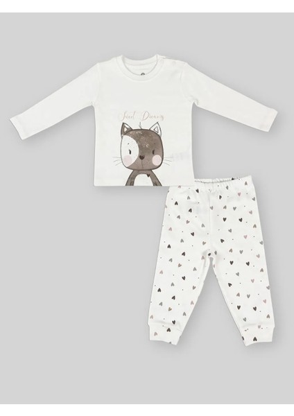 3-36 Ay Arasında Kız Bebek Kalpli Pijama Takımı - Ekru