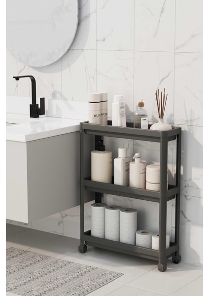 Homenıva Slim 3 Katlı Tekerlekli Banyo Rafı, Havluluk, Deterjanlık Makyaj Organizer