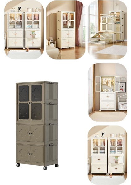 Çok Amaçlı Büyük Hacimli Tekerlekli Katlanabilir 3 Katlı Saklama Kabı Gardırop Organizer Cappuccino
