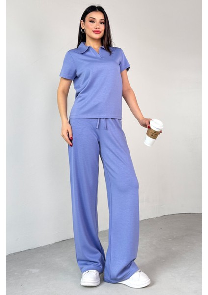 TKM-03690 Lila Polo Yaka Bluz Salaş Pantolon Ikili Takım