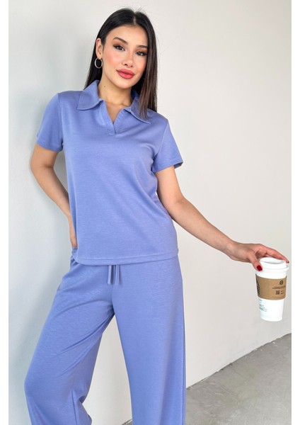 TKM-03690 Lila Polo Yaka Bluz Salaş Pantolon Ikili Takım