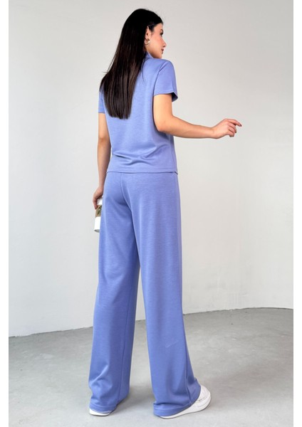 TKM-03690 Lila Polo Yaka Bluz Salaş Pantolon Ikili Takım