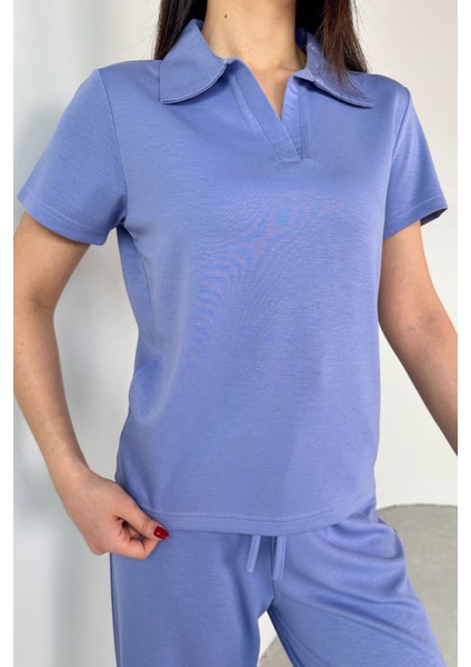 TKM-03690 Lila Polo Yaka Bluz Salaş Pantolon Ikili Takım