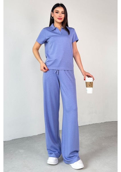 TKM-03690 Lila Polo Yaka Bluz Salaş Pantolon Ikili Takım