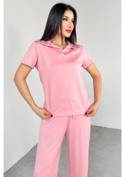 TKM-03690 Pembe Polo Yaka Bluz Salaş Pantolon Ikili Takım modelleri
