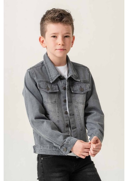 Çift Cepli Düğmeli Kot Erkek Çocuk Ceket