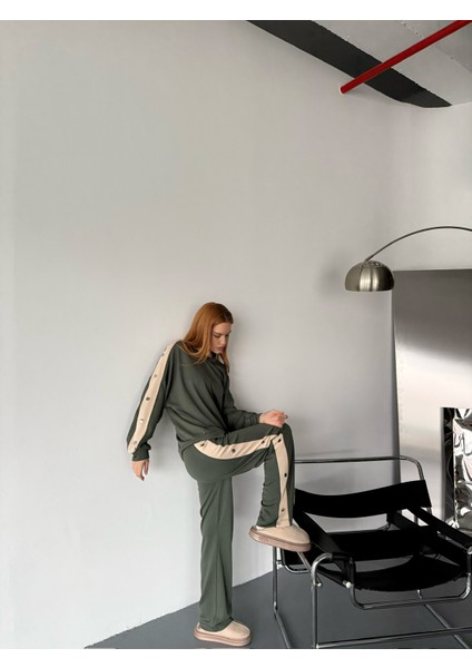 TKM-1110 Haki Modal Kumaş Çıtçıt Detaylı Salaş Bluz Palazzo Pantolon Ikili Takım indirimleri