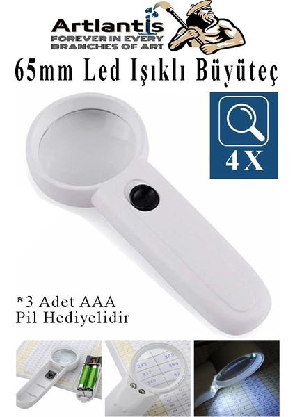 LED Işıklı Büyüteç 65 mm 1 Adet 4x Büyütme Optik Büyüteç El Tipi Işıklı Lens Taşınabilir Okul Büro Ofis