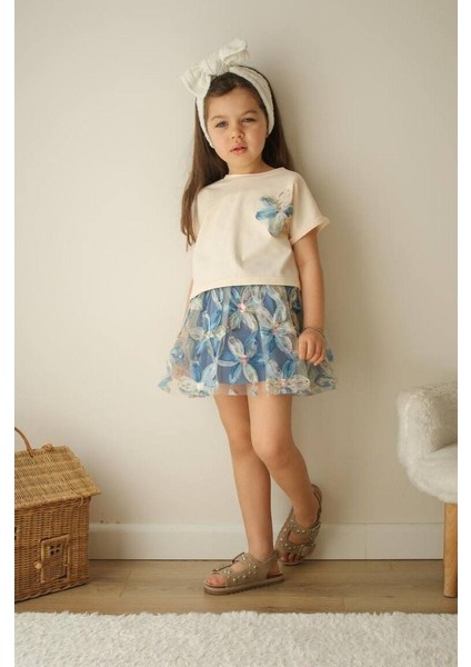 Zambak Model Kız Çocuk Kısa Kollu Etekli Takım Mavi - 3-4 Yaş