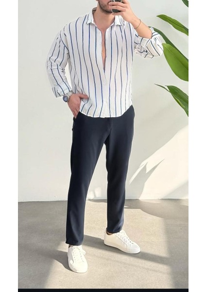 Erkek Keten Çizgili Yeni Sezon Oversize Gömlek