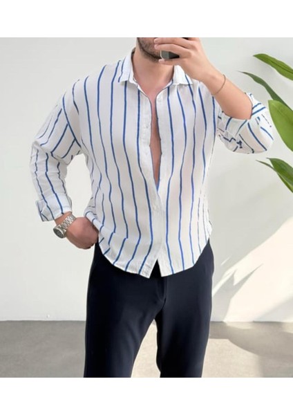 Erkek Keten Çizgili Yeni Sezon Oversize Gömlek modelleri
