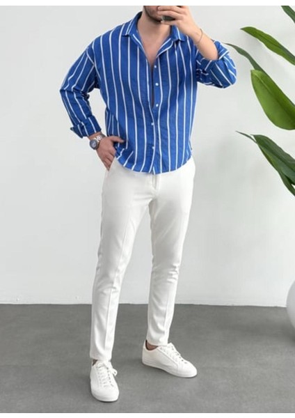 Erkek Keten Çizgili Yeni Sezon Oversize Gömlek