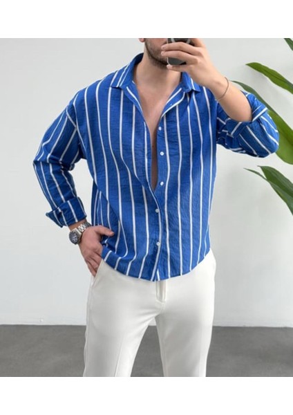 Erkek Keten Çizgili Yeni Sezon Oversize Gömlek modelleri