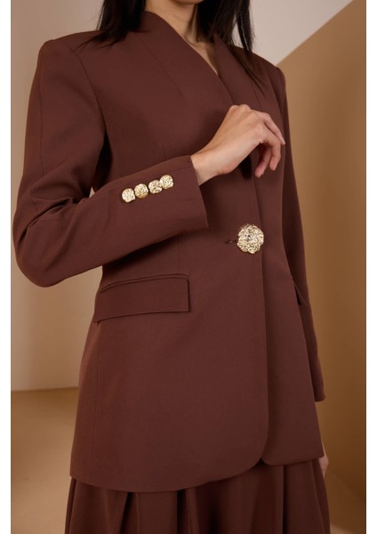 Acı Kahve Salaş Kesim Düğme Detaylı Dokuma Blazer Ceket indirimleri