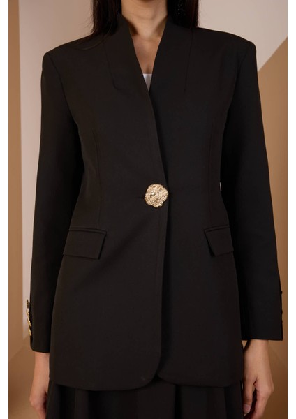 Siyah Salaş Kesim Düğme Detaylı Dokuma Blazer Ceket modelleri