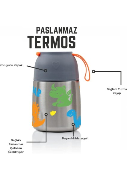 450ML Dinazor Baskılı Bebek Mama Saklama Termosu Vakumlu Çift Taraflı Termos indirimleri