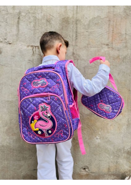 Waddell Lisanslı Lila Flamingo Desenli Emboos Ilköğretim Okul Sırt Çantası Ve Beslenme Çantası