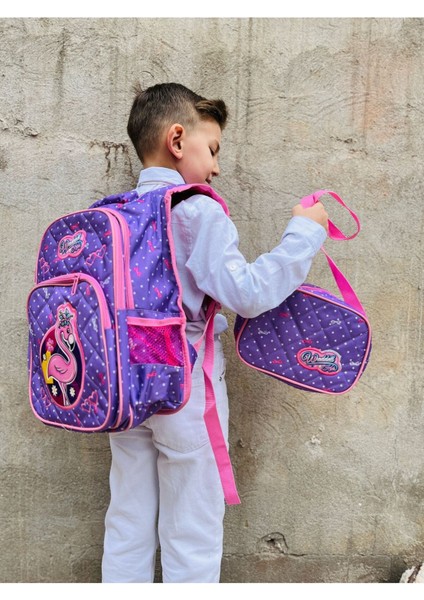 Waddell Lisanslı Lila Flamingo Desenli Emboos Ilköğretim Okul Sırt Çantası Ve Beslenme Çantası fiyatları