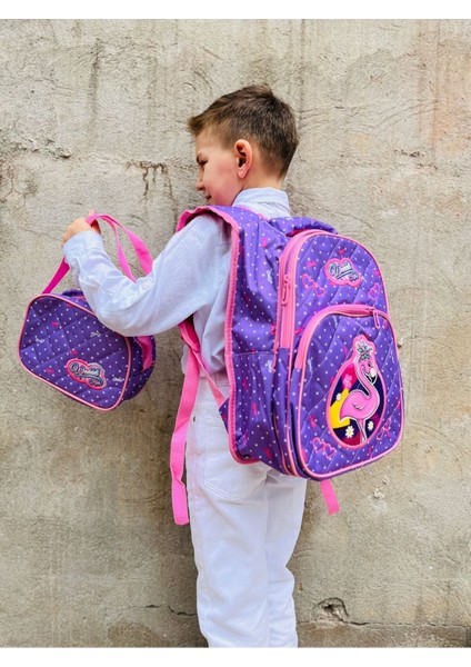 Waddell Lisanslı Lila Flamingo Desenli Emboos Ilköğretim Okul Sırt Çantası Ve Beslenme Çantası modelleri