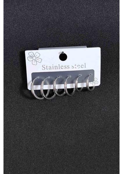 Unisex Gümüş Klasik Halka Paslanmaz Çelik Küpe Set (6 Adet)